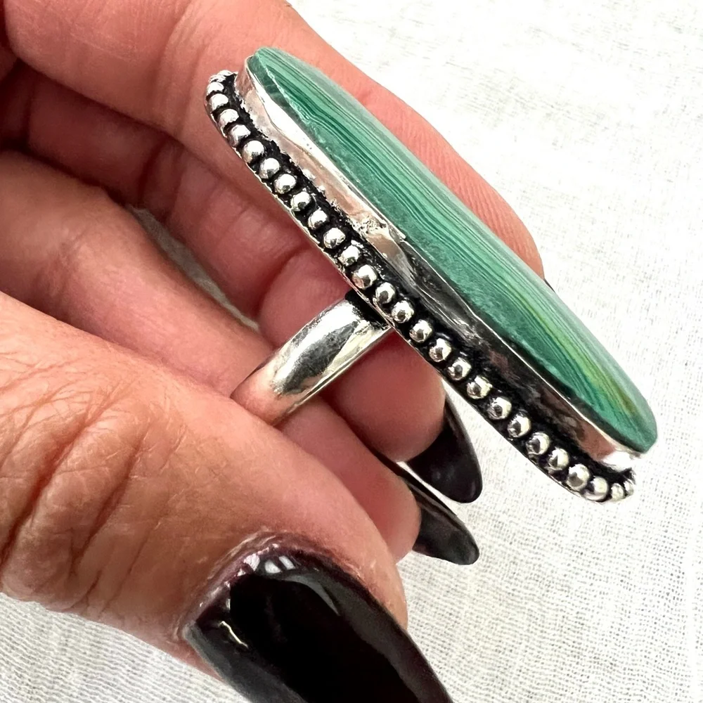 925 Long Elegant Malachite Ring 7.5 - Picture 6 of 13